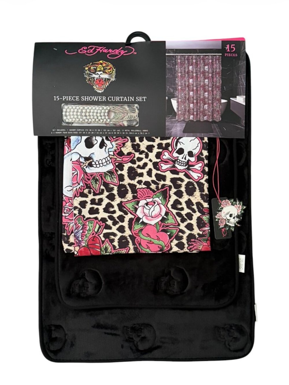 Ed Hardy Leopard / Black Shower Curtain Set with Bath Rugs | NEW